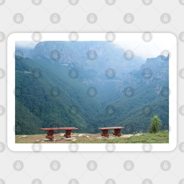 Two wooden benches with a view of beautiful mountain Sticker by Anastasia-03